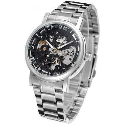 Winner Round Hollow Transparent Mechanical Steel Strap Watch