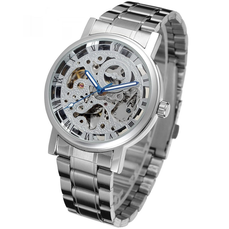 Winner Round Hollow Transparent Mechanical Steel Strap Watch