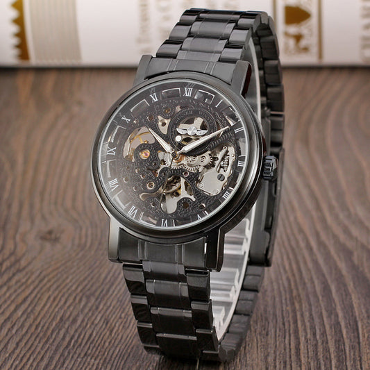 Winner Round Hollow Transparent Mechanical Steel Strap Watch